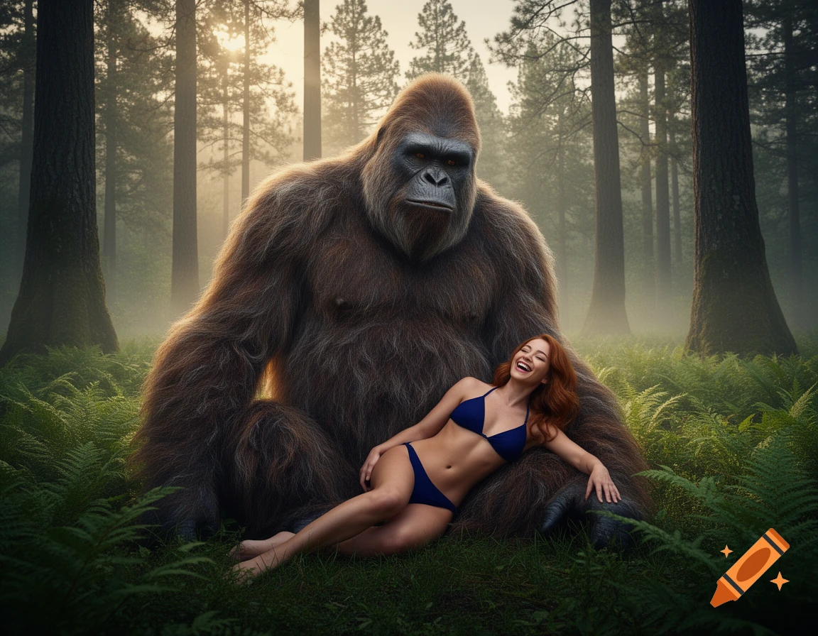 A photorealistic image of a woman in a blue bikini laughing while cuddling next to Bigfoot in a lush, sunlit forest.