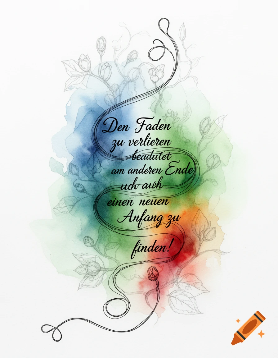 German quote 'Den Faden zu verlieren bedeutet am anderen Ende auch einen neuen Anfang zu finden!' in elegant script on a winding black line, with watercolor washes and floral sketches.