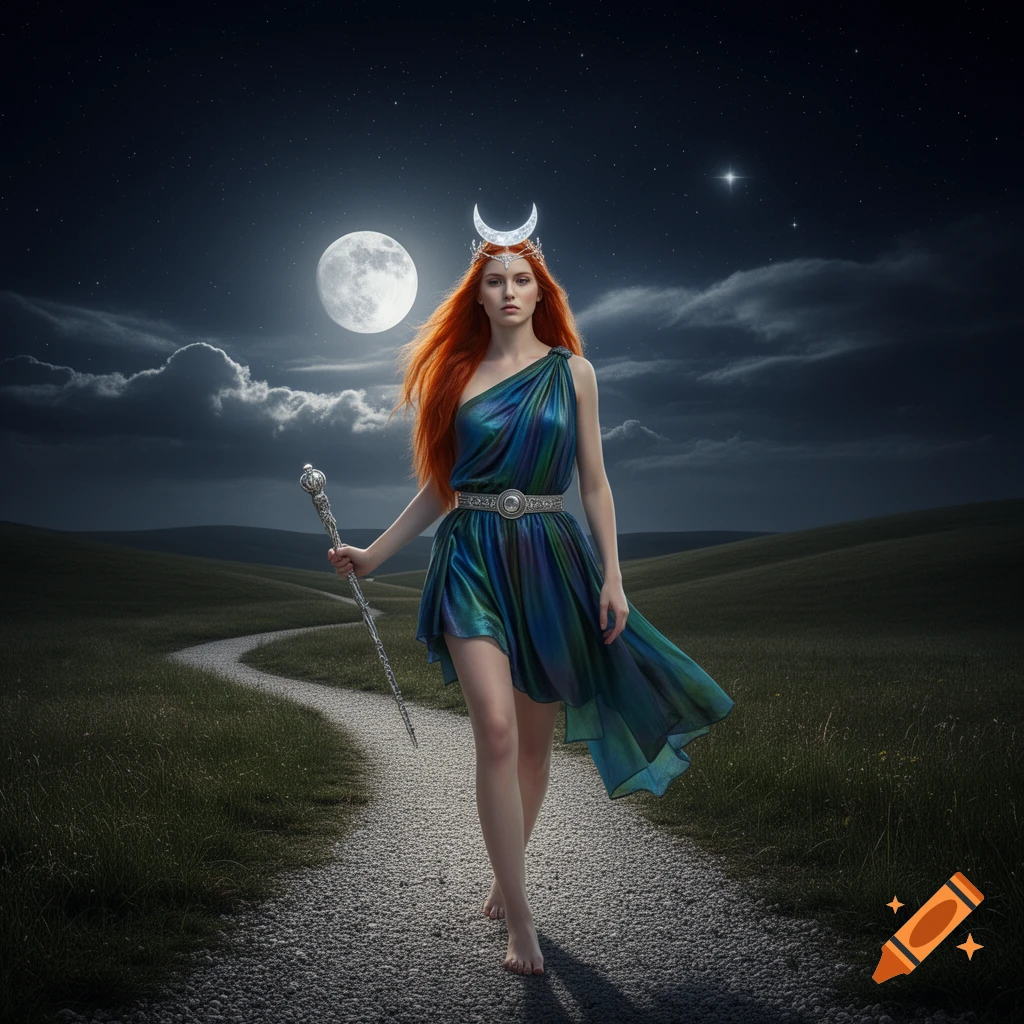 A red-haired woman in a blue-green toga with a moon crown walks barefoot on a gravel path under a full moon in a hilly night landscape.