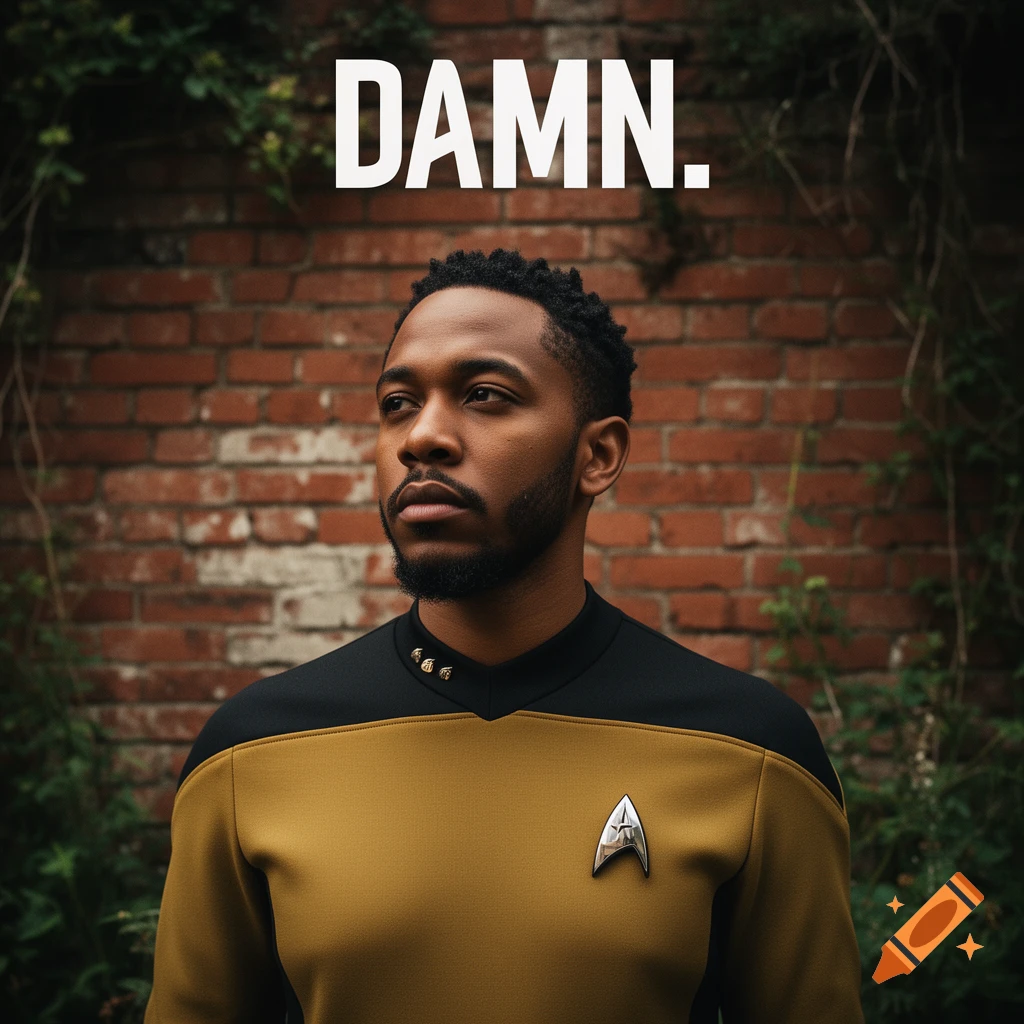 A man with a beard, wearing a gold and black Star Trek uniform, looks to his right. Above him, the word "DAMN." is written in white against a brick wall background.