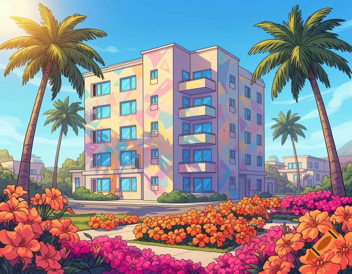 A colorful cartoon apartment building with palm trees and bright flowers under a sunny blue sky.