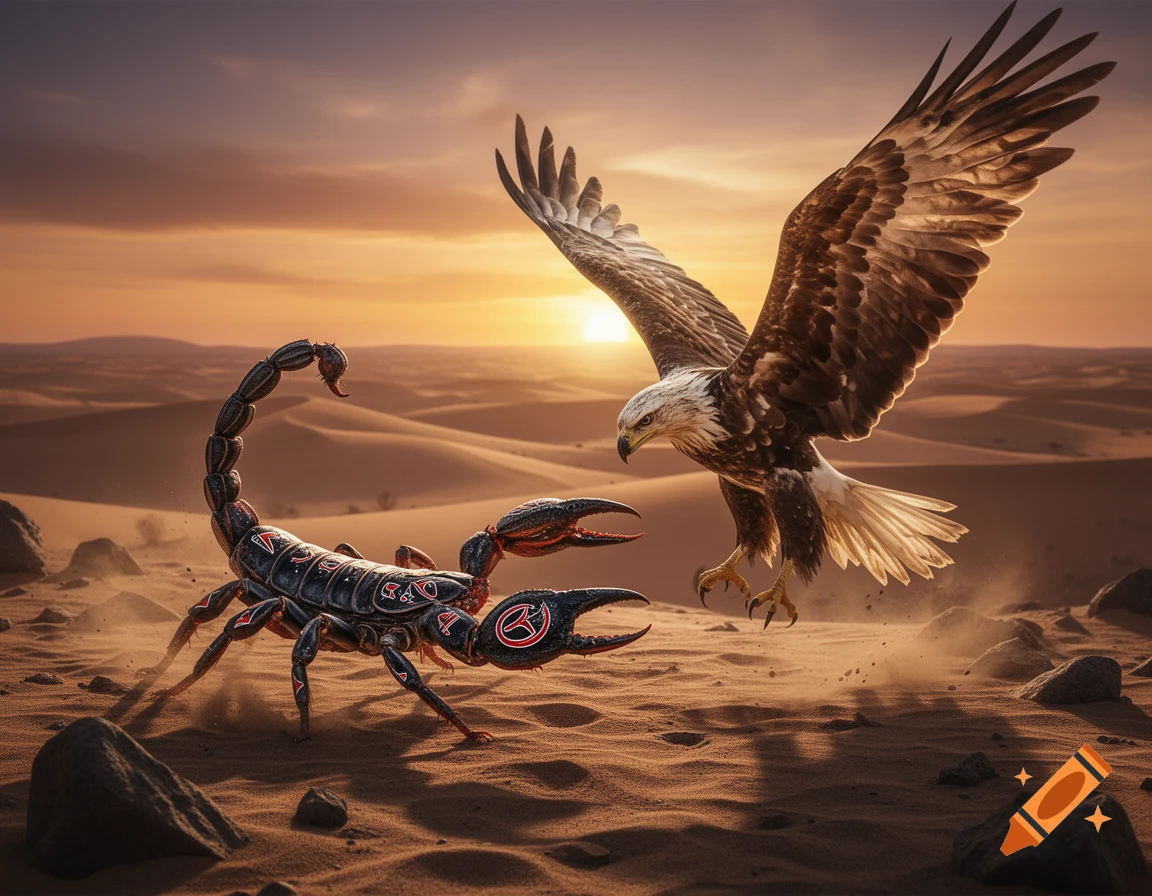 A detailed, photorealistic black and red tribal scorpion faces a majestic bald eagle mid-flight in a desert at sunset.