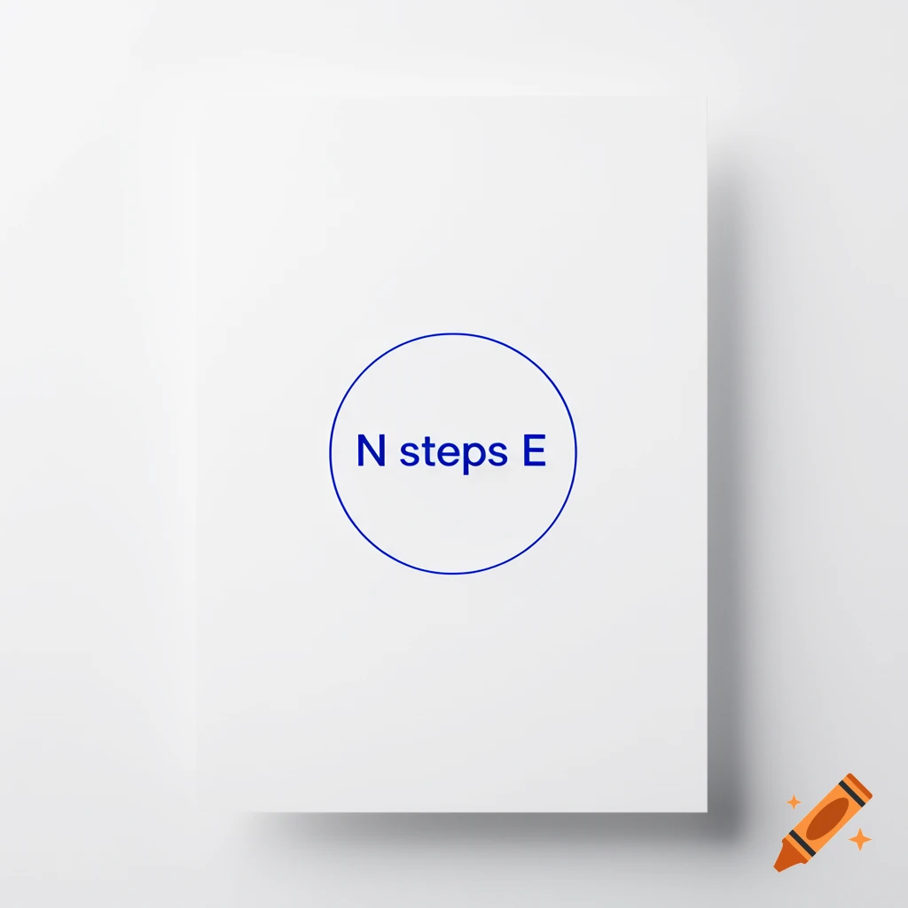 White sheet of paper with a blue circle containing 'N steps E' text, on a light gray background.