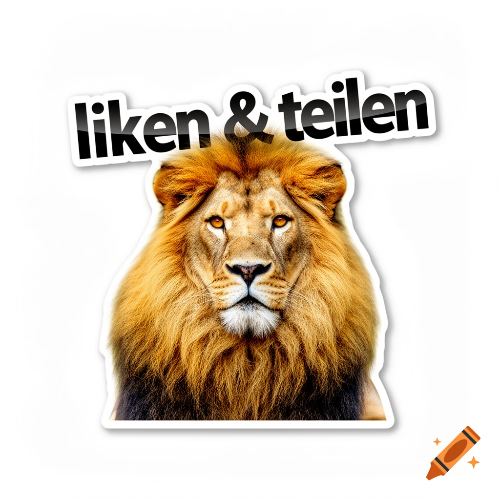 Sticker of a realistic lion's head with 'liken & teilen' text on a white background.