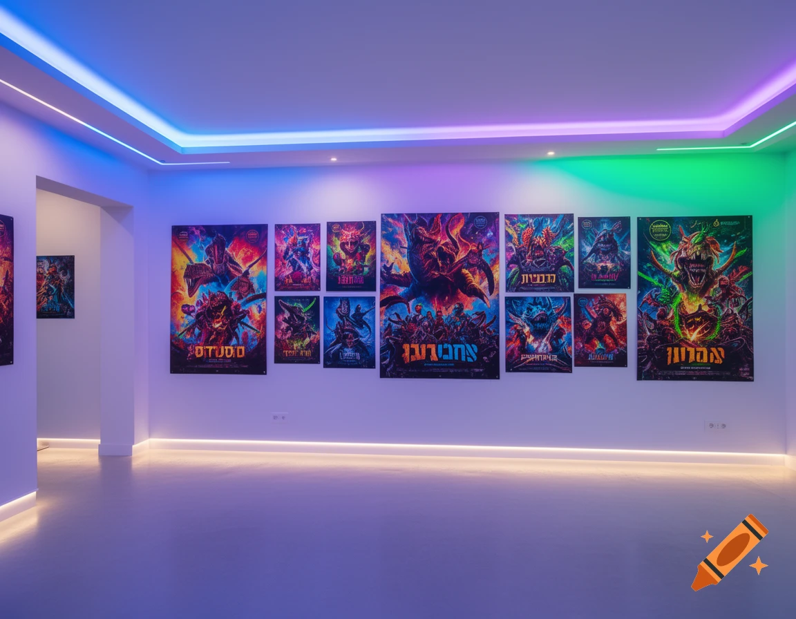 A modern room with blue, purple, and green LED strip lighting along the ceiling and floor, illuminating a wall displaying vibrant, dark fantasy art posters.