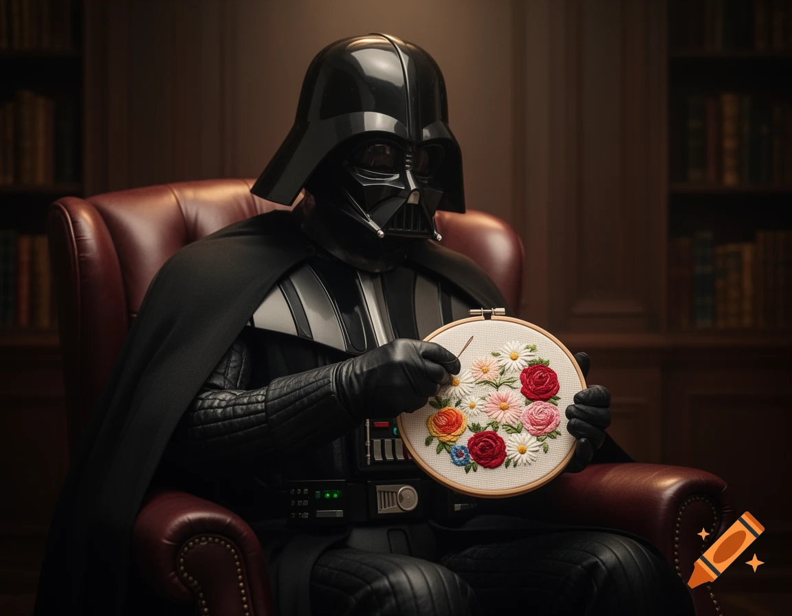 Photorealistic image of Darth Vader in a cozy armchair, carefully embroidering colorful flowers on a hoop.
