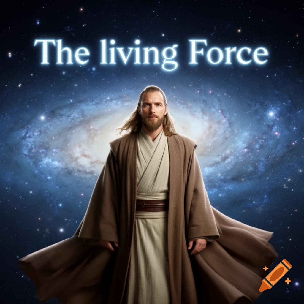 A man resembling Qui-Gon Jinn in robes stands before a swirling galaxy, with glowing text 'The living Force' above.