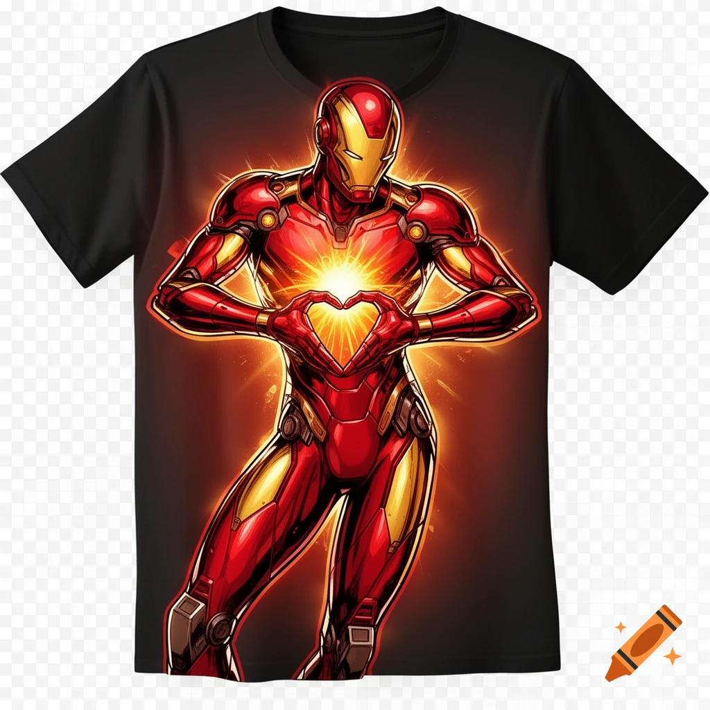 A red and gold armored hero in comic art style forms a heart with his hands, glowing brightly from his chest, on a black t-shirt.