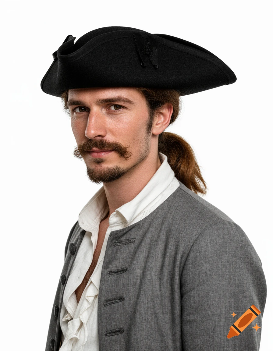 Man in 18th-century attire, black tricorn hat, grey coat, and white ruffled shirt, with a mustache and goatee.
