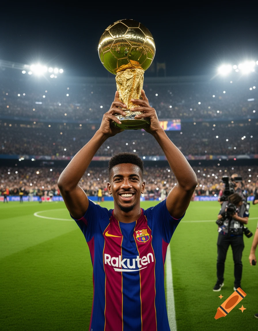 Smiling soccer player in a blue and red Barcelona jersey holding a golden trophy aloft in a packed stadium.