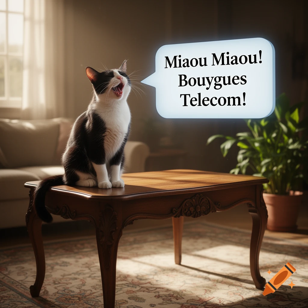 A black and white cat on a table meows loudly, with a speech bubble saying 'Miaou Miaou! Bouygues Telecom!' in a sunlit room.