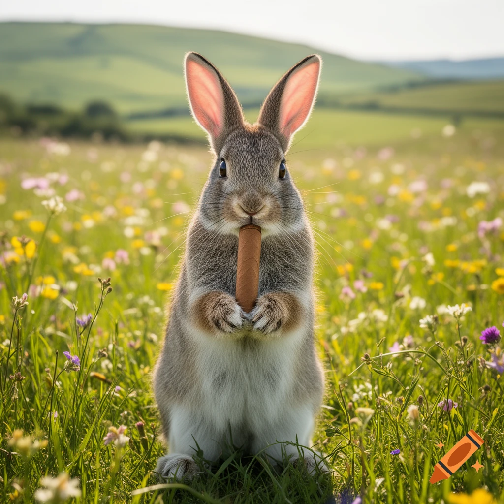 A photorealistic rabbit stands upright in a field of wildflowers, holding a cigar in its mouth and paws.