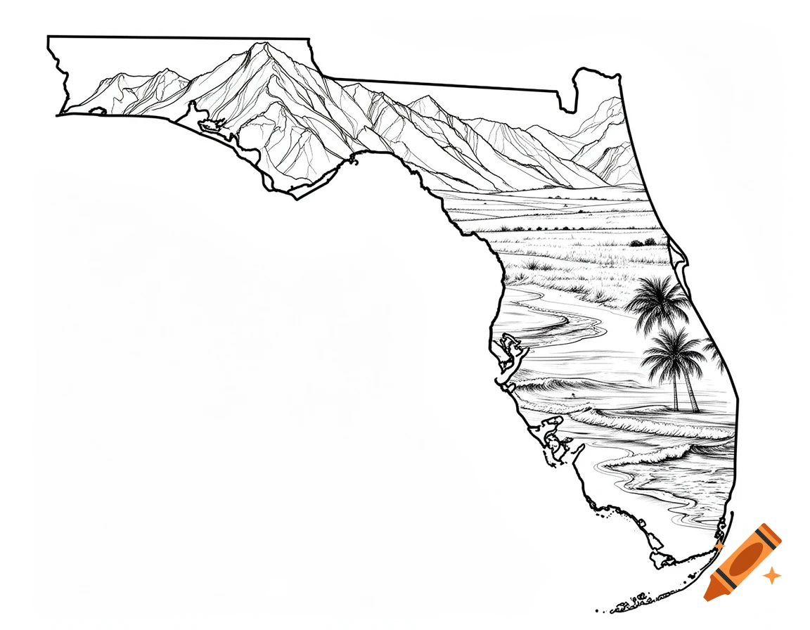 Black and white line art drawing of the Florida state outline filled with mountains, plains, coastal scenes, waves, and palm trees.