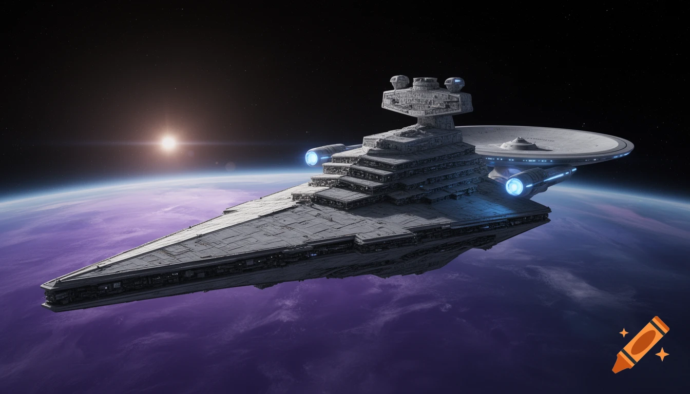 A photorealistic hybrid spaceship, combining a Star Destroyer and USS Enterprise, orbits a purple planet under a bright sun.