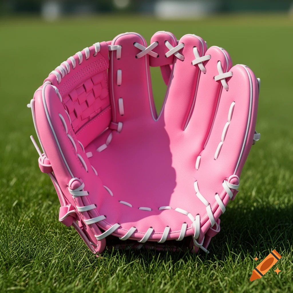 A vibrant pink baseball glove with white laces rests on green grass under bright sunlight, casting a shadow.