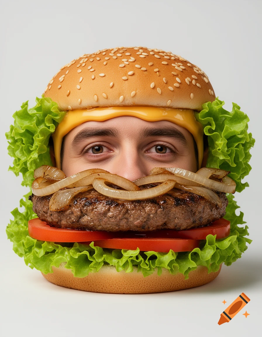 A man's smiling face peers out from the center of a photorealistic hamburger with all the fixings.