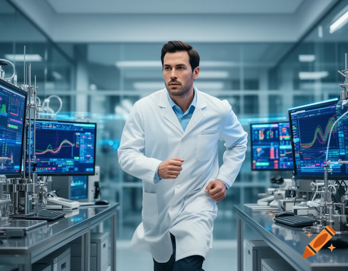 Photorealistic image of a man in a white lab coat running through a modern laboratory with data screens.
