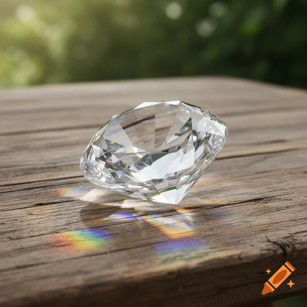 A sparkling clear diamond rests on a rustic wooden table, casting rainbow reflections.