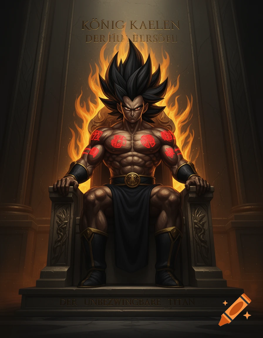 Muscular, dark-skinned anime warrior with spiky black hair and glowing red markings sits on a stone throne amidst flames.