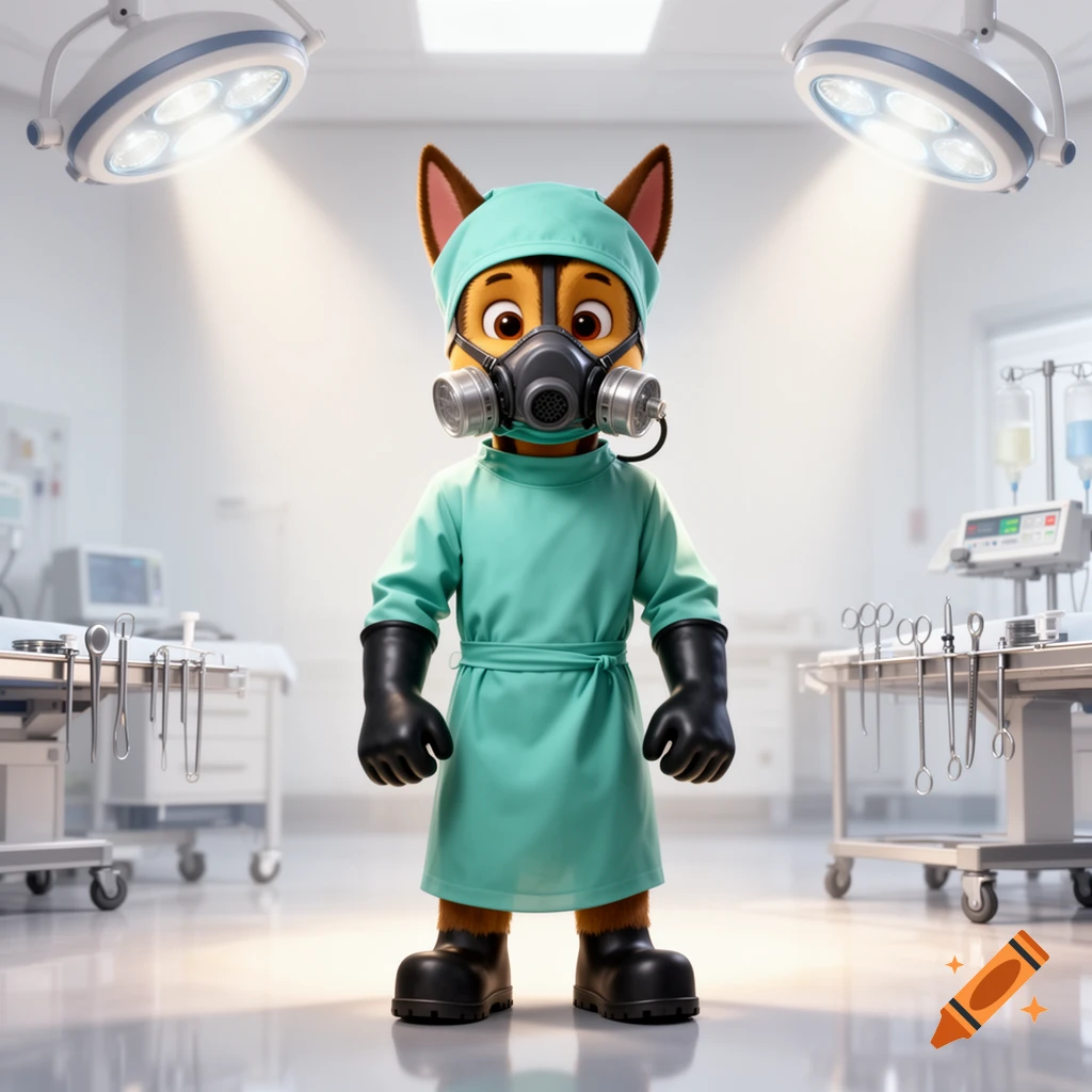 A cartoon German Shepherd from Paw Patrol, Chase, wears a teal surgical gown, hood, black gloves, boots, and a gas mask in an operating room.