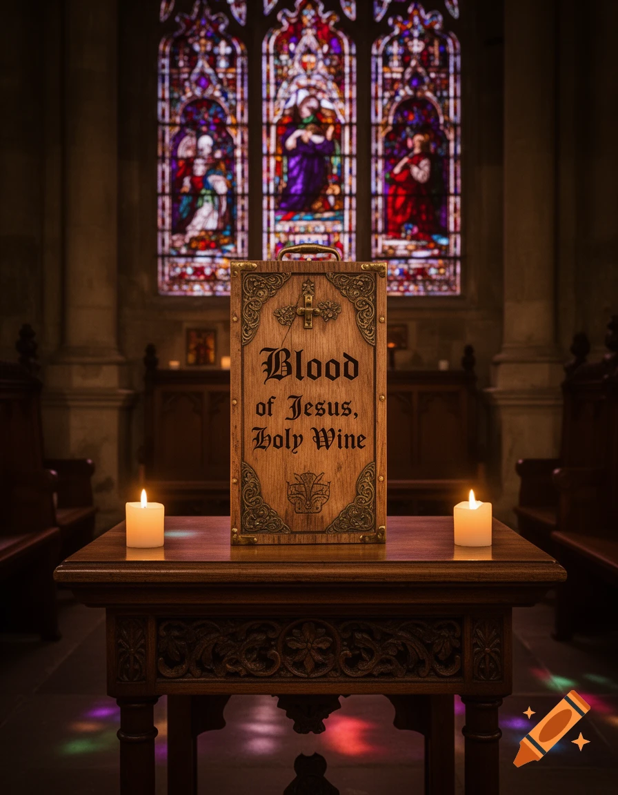 Ornate wooden box labeled "Blood of Jesus, Holy Wine" on a table with candles, in a church with stained glass windows.