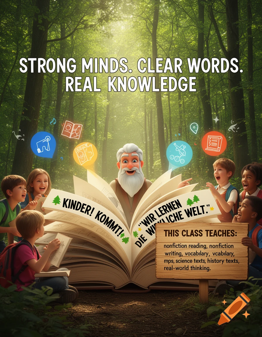 A bearded cartoon teacher emerges from a giant open book in a magical forest classroom, surrounded by six excited children. Text on the book and a wooden sign describe a language arts class.