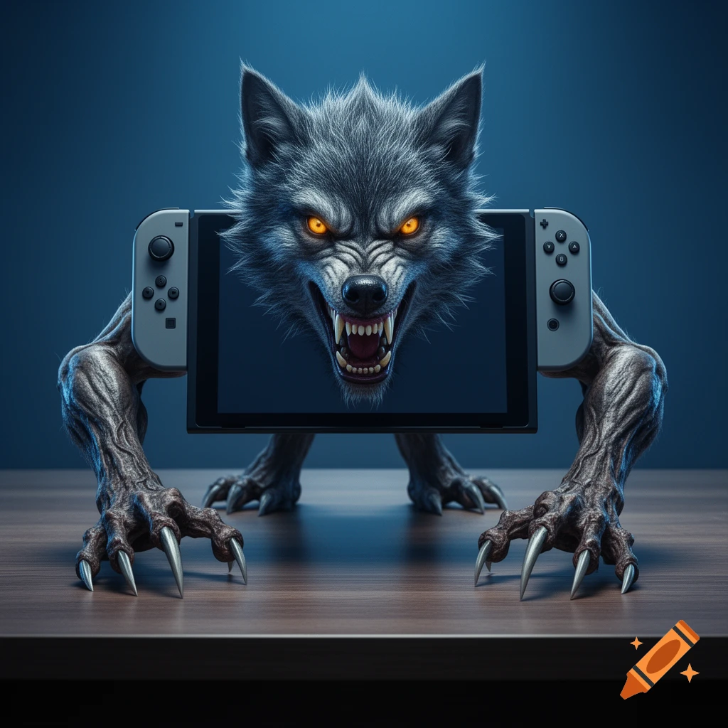 A fearsome werewolf head with glowing eyes emerges from a Nintendo Switch screen, supported by monstrous, clawed arms and legs on a wooden table.