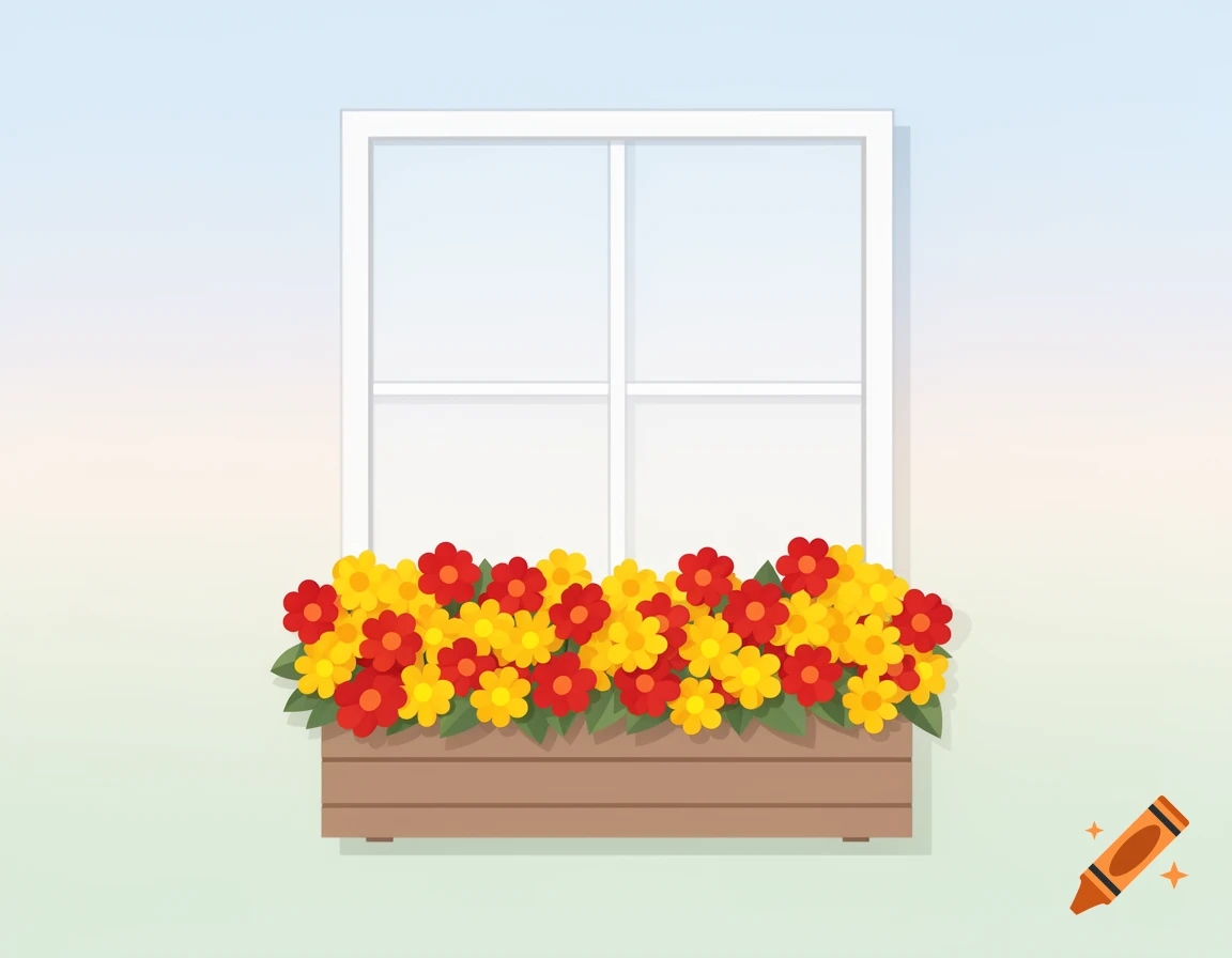 An outdoor window with a flower box filled with red and yellow flowers, drawn in simple, clean shapes.