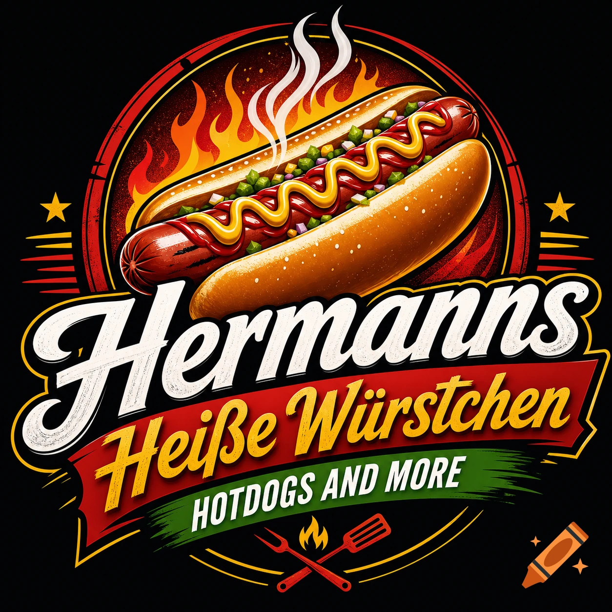 A vibrant logo for "Hermanns Heiße Würstchen HOTDOGS AND MORE" featuring a steaming hotdog, flames, and crossed grill utensils on a black background.