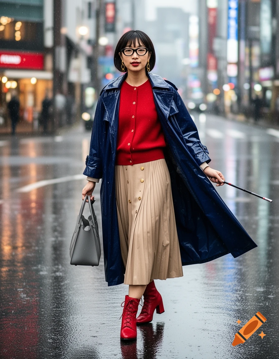 A Japanese woman in a navy trench coat, red cardigan, beige pleated skirt, and red boots walks on a rainy Tokyo street.