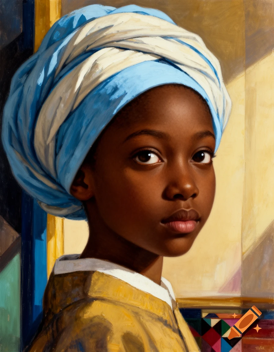 Oil painting of a young Black girl in a blue and white turban and golden attire, reminiscent of Vermeer.