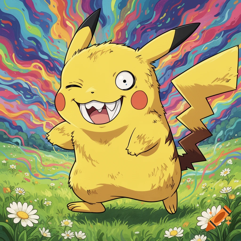 Ugly Pikachu with fangs and mismatched eyes winks in a vibrant, swirling landscape with grass and daisies.