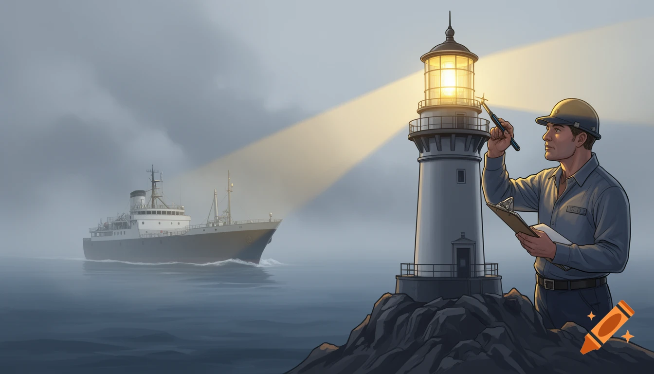 Illustration of a man in a hardhat inspecting a lighthouse lamp, with a ship sailing through a foggy sea.