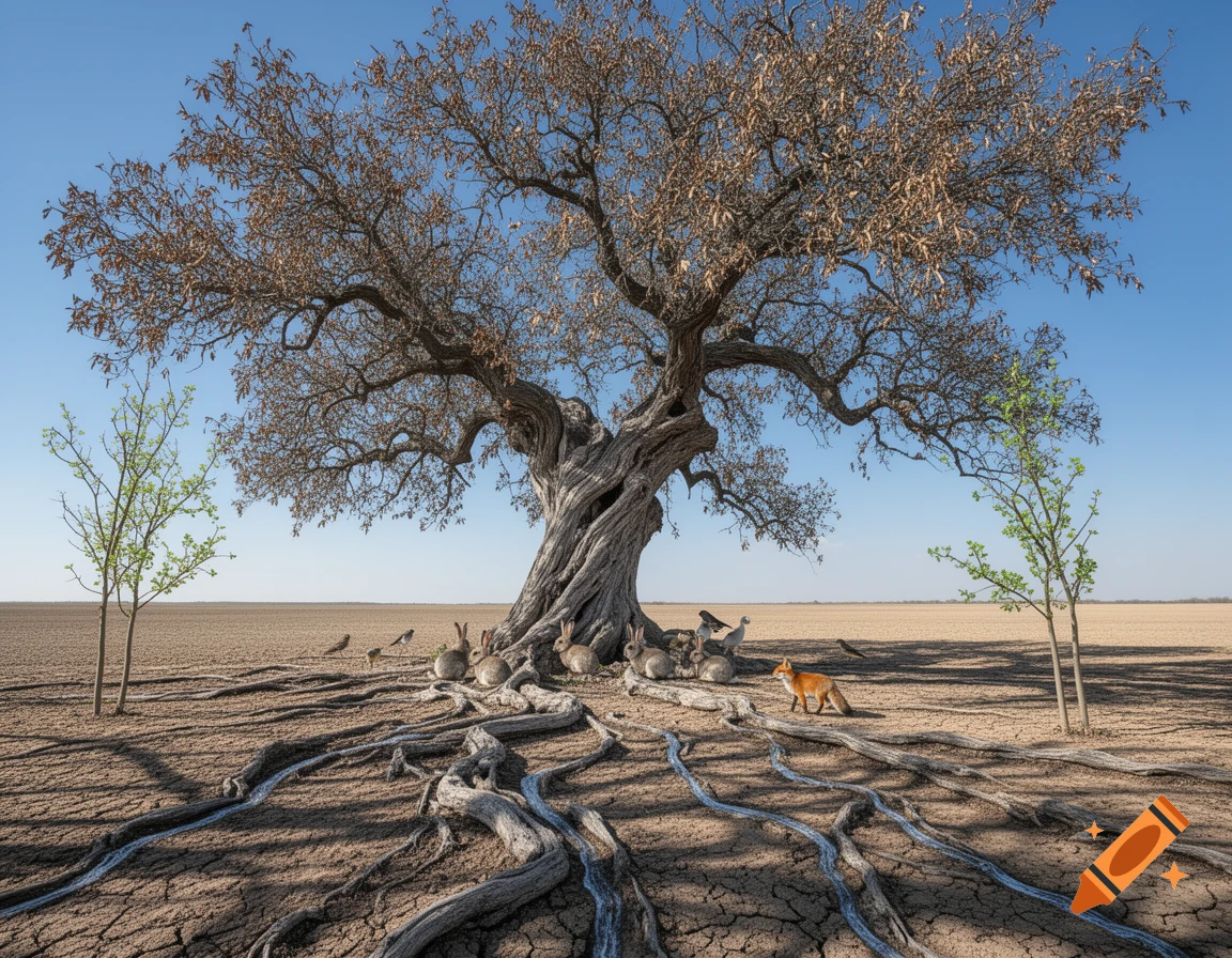 Photorealistic image of a gnarled tree with exposed roots on dry, cracked earth, surrounded by rabbits, birds, and a fox.