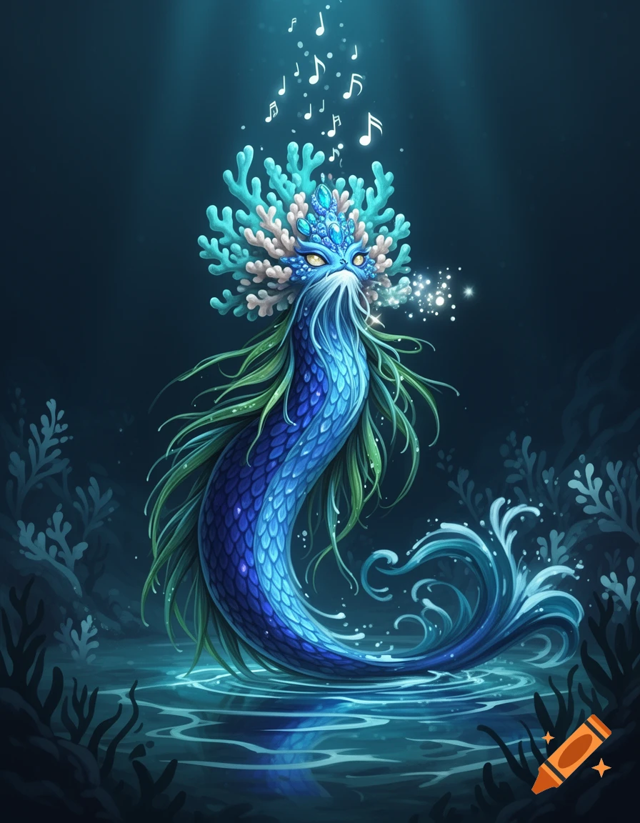 A fantastical blue mermaid-like creature with coral-like headdress and flowing green hair rises from water, emitting glowing musical notes in a dark aquatic setting.