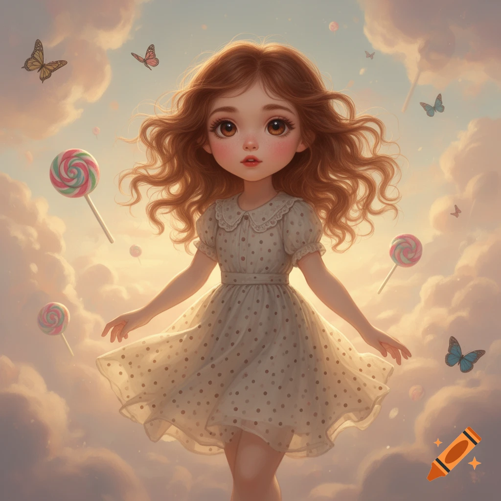 A cute, curly-haired cartoon girl in a polka-dot dress floats among clouds, lollipops, and butterflies in a dreamy sky.