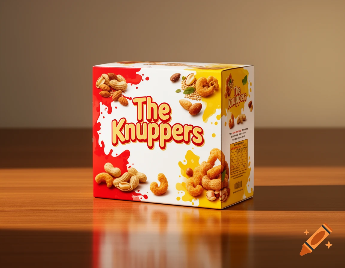 A white and red snack box labeled 'The Knuppers' with peanuts, almonds, and crunchy snacks, sitting on a wooden table.