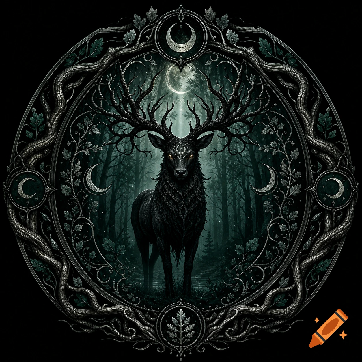 A dark, mythical stag with glowing eyes and branch-like antlers in a shadowy forest, framed by an ornate gothic design with moons and roots.