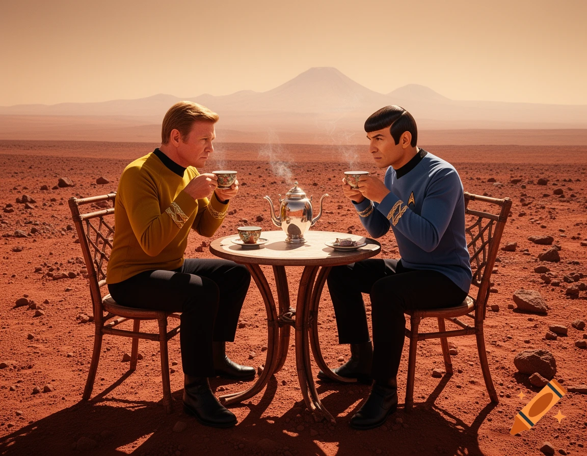 Captain Kirk and Spock drink steaming tea at a small table on a red desert planet under an orange sky.