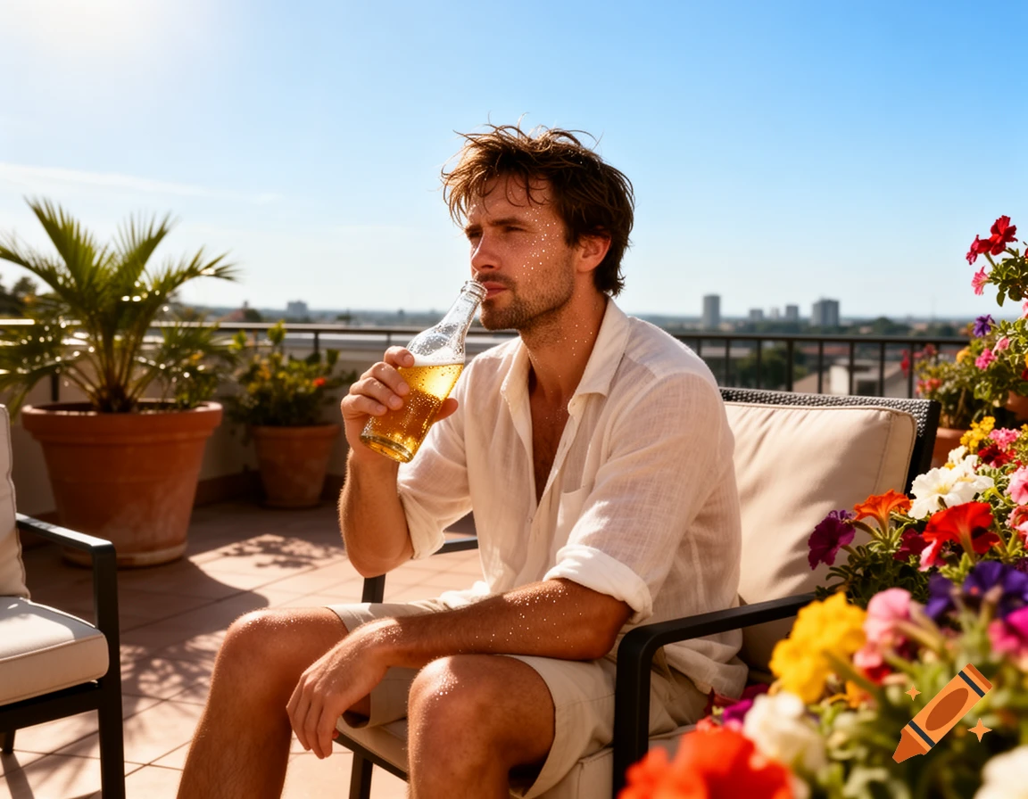 Man with brown hair drinks beer on a sunny rooftop terrace surrounded by colorful flowers and plants with a city skyline in the background.