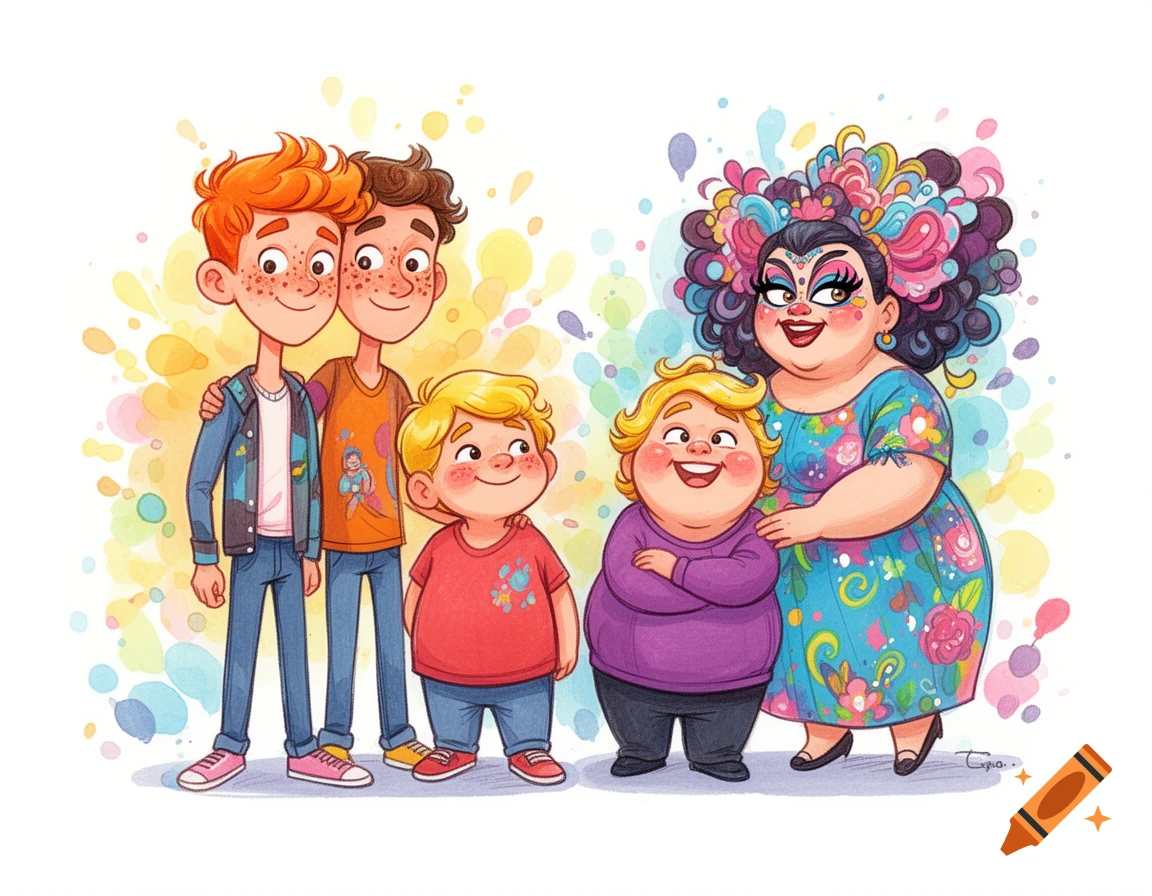 Colorful cartoon art shows two young men embracing, a blonde child, and a drag queen holding another blonde child, with paint splashes.