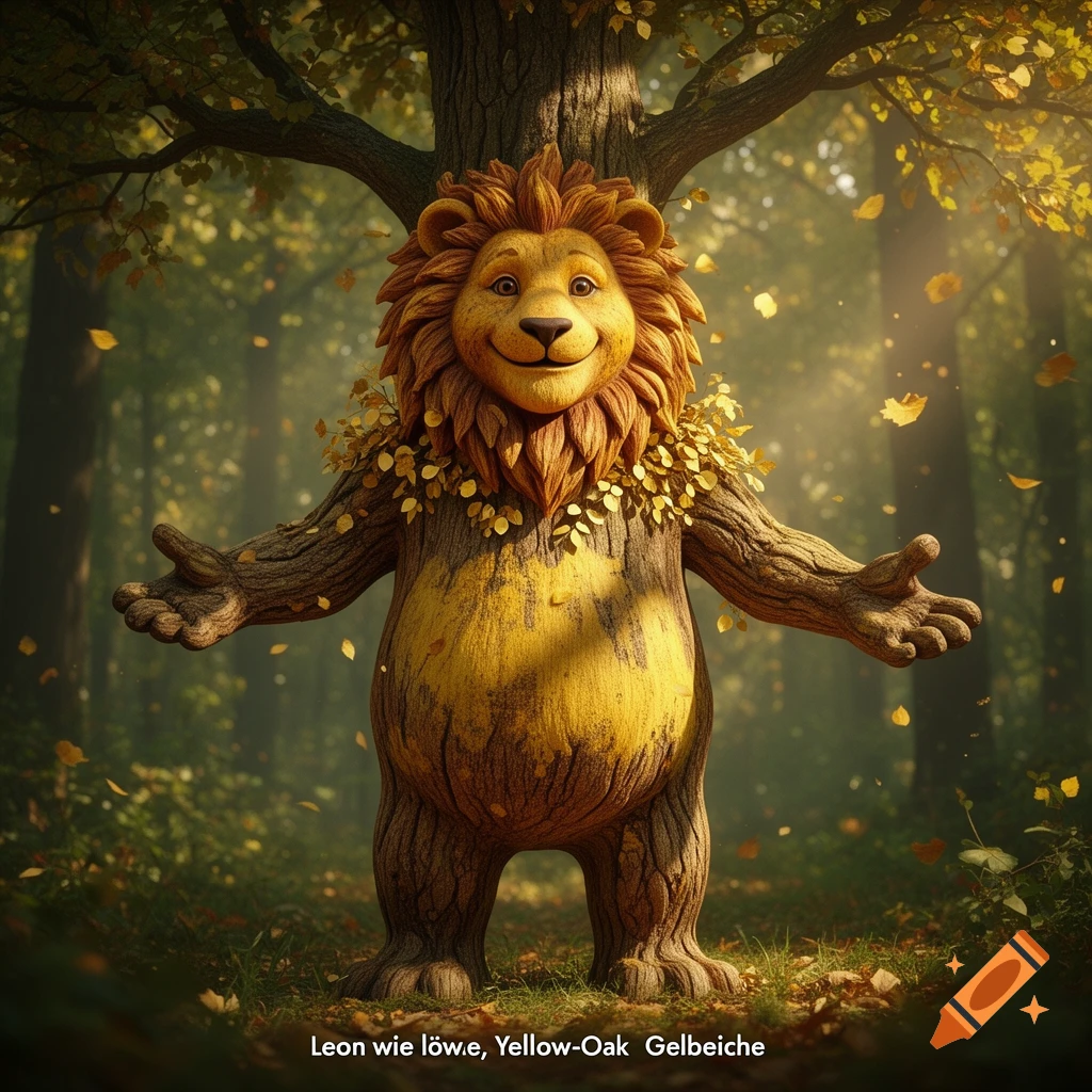 A friendly, whimsical tree-like lion with a mane of leaves stands with open arms in a sunlit autumn forest.