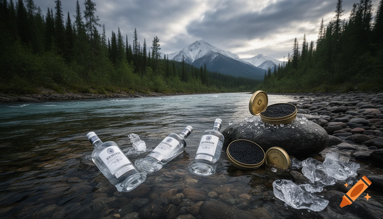 Three vodka bottles and two open tins of black caviar with ice in a rocky riverbed, surrounded by a forest and snow-capped mountains under a cloudy sky.