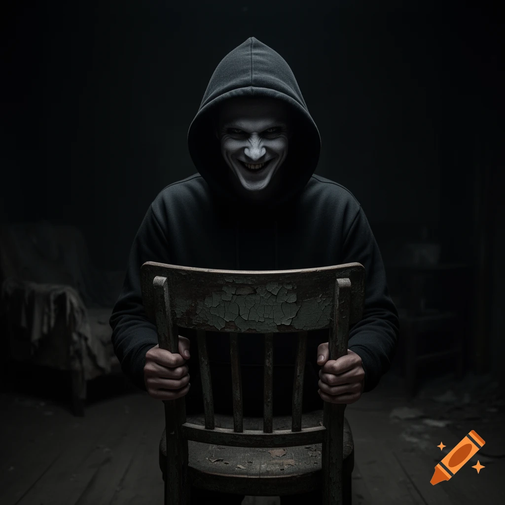 A person in a black hoodie with a pale, menacing grin holds a worn wooden chair in a dark, ominous room.