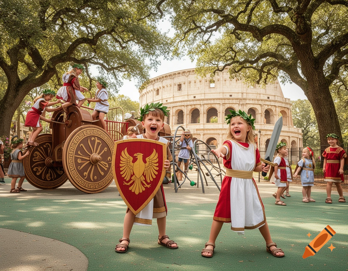 Children in Roman costumes, one with a shield and another with a sword, play in a park with a Roman colosseum in the background.