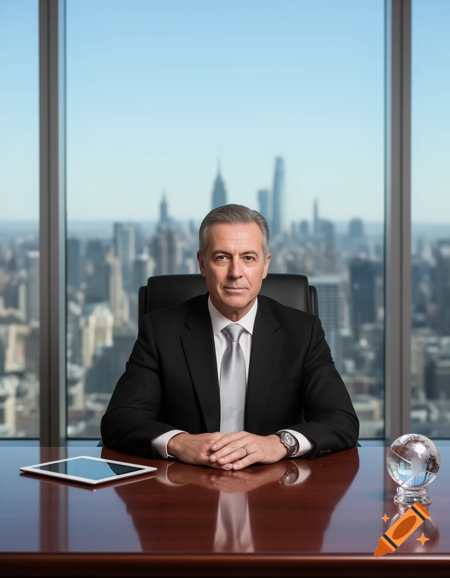 A businessman in a black suit and white tie sits at a polished wooden desk with a city view.