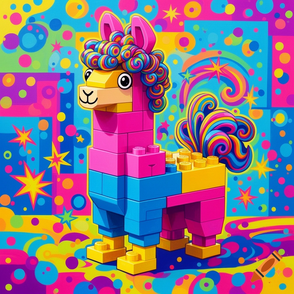 A colorful Lego llama with curly rainbow hair and tail stands against a psychedelic background with stars and polka dots, in a pop art style.
