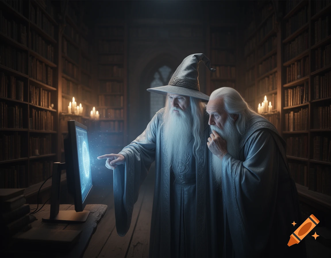 Two wizards with long white beards and robes in a dimly lit library observe a glowing magical computer screen. One points while the other strokes his beard.