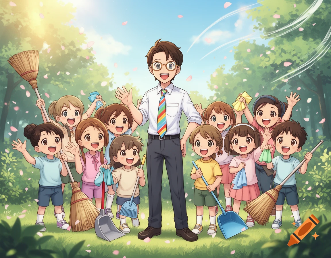 Anime-style illustration of a smiling teacher and children with cleaning tools waving happily in a park with falling petals.