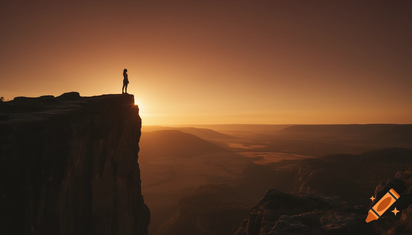 Silhouette of a person standing on a cliff edge overlooking a vast valley during a fiery sunset.